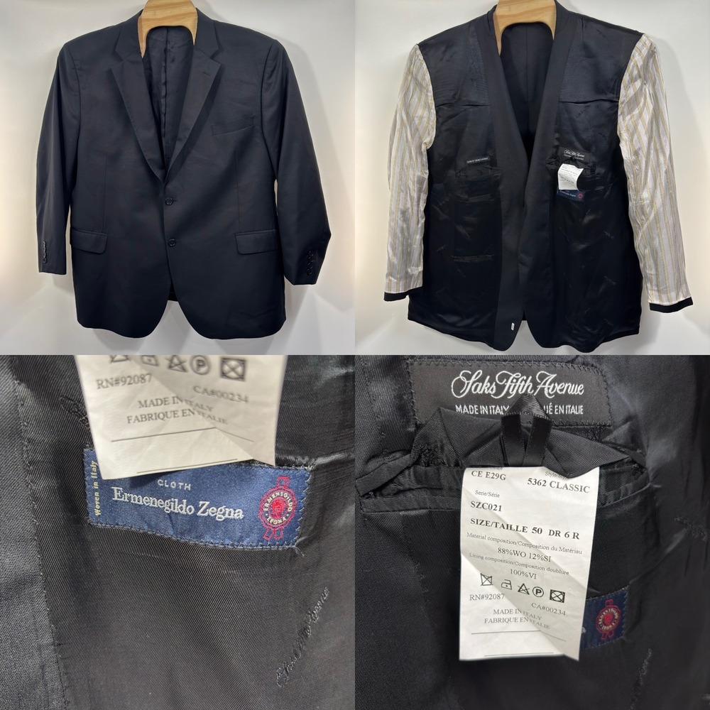 Zegna Cloth Saks Fifth Avenue 50R Black Wool Silk Sport Coat Made in Italy - Picture 1 of 10